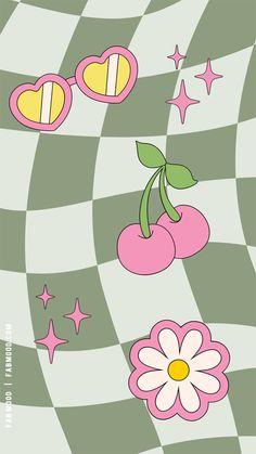 an abstract pattern with cherries, stars and hearts on the checkerboard background