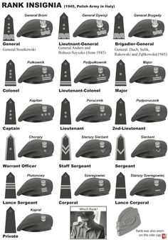 many different hats and insignias are shown in black and white, including one with the words rank insignia