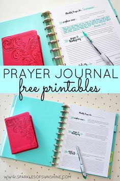 two notebooks with the words prayer journal free printables on them and an open book next to it
