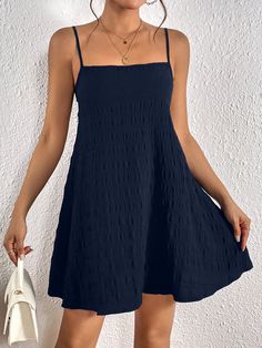 Navy Blue Casual,Sexy Collar Sleeveless Fabric Plain Cami Embellished Non-Stretch  Women Clothing Casual, Dresses, Cami Dress, Vestidos, Robe, Sleeveless Dresses Casual, Sleeveless, Moda, Dress