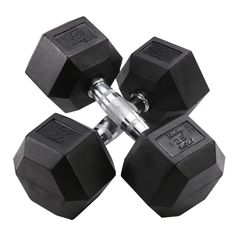 three black hex dumbbells are shown with the words body solid written on them