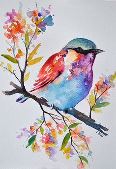 a watercolor painting of a colorful bird on a branch