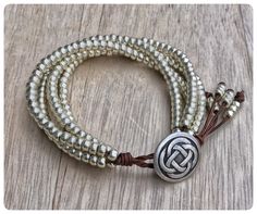 Silver Beaded Wrap Bracelet With a Celtic Knot Button, Leather Jewelry,Everyday Bracelet,Beaded Bracelet,Seed Bead Bracelet,Bohemian Jewelry Crochet, Silver Bead Bracelet