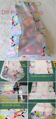 the instructions for how to make an easy diy produce bag with fabric and buttons