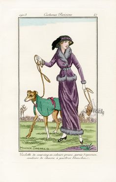 an old fashion illustration of a woman with a whippet on a leash and wearing a long purple dress