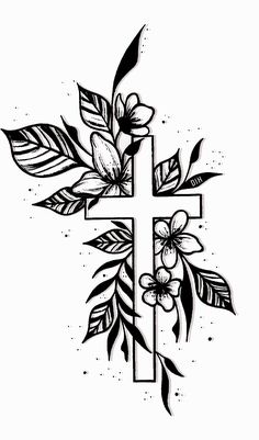a cross with flowers on it and leaves around the cross is drawn in black ink