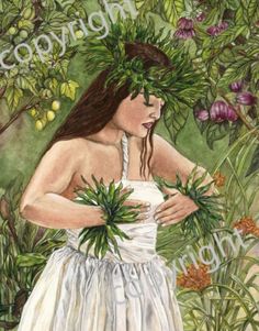 a painting of a woman in a white dress surrounded by plants