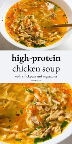 two bowls of high protein chicken soup with noodles and vegetables