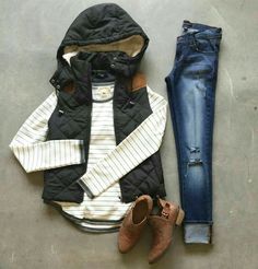 Casual y cómodo.  Para días fríos.  Jeans, blusa blanca manga larga, chaleco y botín café Clothing Subscription, Vestidos, My Style