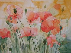 watercolor painting of red poppies with green stems in the foreground and an orange background