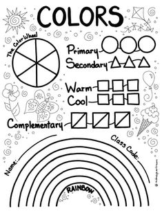 a coloring page with the words colors and symbols in black and white on top of it