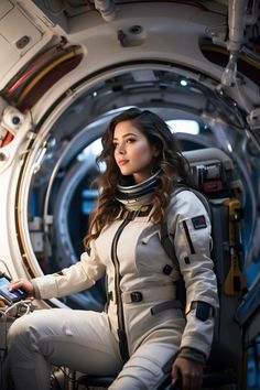 a woman is sitting in the space station