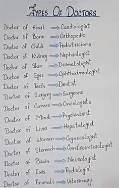 the types of doctors written on a piece of paper
