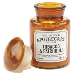 Tobacco & Patchouli Apothecary Bottle Candle by PADDYWAX Vintage, Patchouli Candle, Scented Candle Jars, Amber Glass Bottles