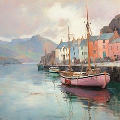 Capturing the serene essence of the Scottish Highlands, this exquisite print invites viewers to the calm waters and quaint architecture of Portree Harbour, Isle of Skye. Brushstrokes generously laden with muted tones of blue, pink, and peach suggest the gentle laps of the harbour's water against anchored boats. A cluster of charming, pastel-hued buildings, each distinct in character, lines the waterfront, their reflections subtly disturbed by the rippling surface. The majestic backdrop of ru... Scottish Highlands, Scottish Landscape Painting, Seaside Art, Scottish Landscape, City Painting