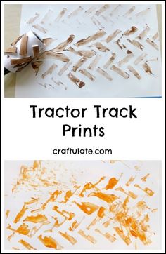 an orange and white craft project with the words tractor track prints on it, next to a