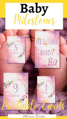 baby welcome cards with flowers and the number nine on them in pink, yellow and white