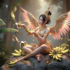 a woman dressed as a fairy sitting on top of a rock with bananas in her hand
