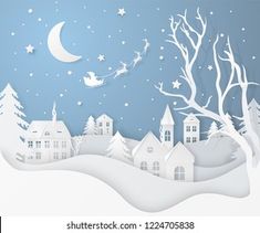 a paper cut christmas scene with houses and santa's sleigh in the sky