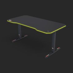a computer desk with neon lights on it's sides and two black legs that are connected to each other