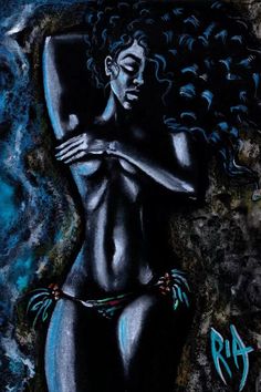 a painting of a woman in black and blue with her hands on her hips,