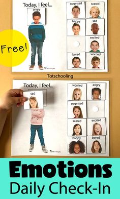 FREE Emotions activity for learning about feelings and facial expressions. Daily emotion check-in activity, great for preschoolers and special needs children. Adhd, Emotional Development