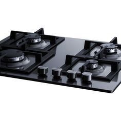a black stove top with four burners and knobs on each side, in front of a white background