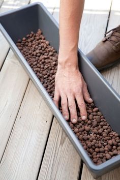 a person's hand in a pan filled with coffee beans on a wooden deck