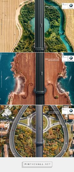 an aerial view of the road and its surroundings in different directions, with multiple pictures on each side