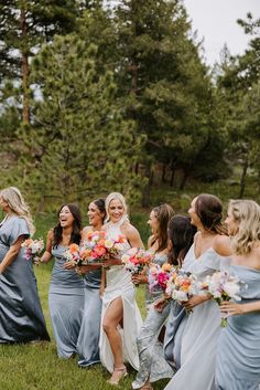 Modern Bridal Party in Pastel Blue Dresses With Vibrant Wildflower Bouquets #modernwedding #bluebridesmaids #pastelwedding #wildflowerwedding #colorfulbouquet Inspiration, Wedding Colours, Wildflower Wedding, Colorado Wedding, Wedding Colors, Wildflowers, Barn Wedding