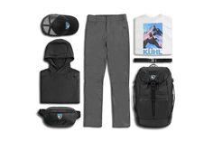 an assortment of items including backpack, hat and sweatshirt