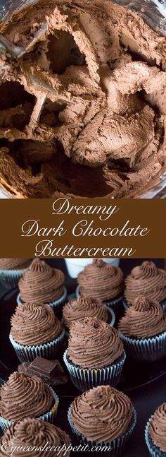 A light, fluffy, decadent and dreamy Dark Chocolate Buttercream Frosting. Perfect for frosting cakes, cupcakes, and more! Chocolates, Cupcake Recipes, Mousse, Pudding