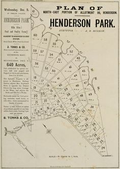 1883 Subdivision map of Henderson Park, adjacent to the Whau Creek, Shows Henderson Post Office, Railway Station, Oratia Hotel, Hepburn's Store and Public School. Includes roads which were later named McLeod Rd, Roberts Rd, Te Atatu Rd and Tirimoana Rd. Public, Henderson Park, Public School, Creek
