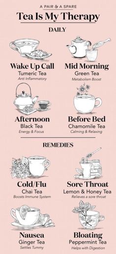 tea is my therapy poster with the words, wake up call morning before bedtime