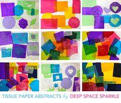 Easy shape collage art project. Ask preschoolers to include one of each shape available, and in different sizes. Notice how tissue paper is transparent and overlapping designs create new shades of color, too! Paper Art Projects
