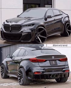 the front and side view of a black bmw suv in two different photos, one showing its