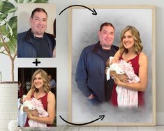 a couple holding their newborn baby in front of a photo frame with the same image on it