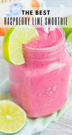 the best raspberry lime smoothie is in a mason jar with a straw