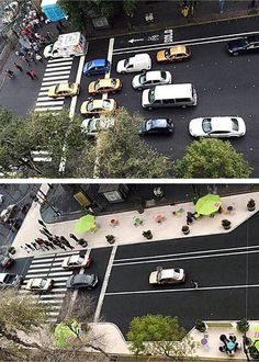 an aerial view of cars parked on the street