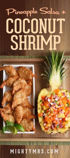 pineapple salad and coconut shrimp served on a tray