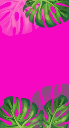 a pink background with green leaves on it