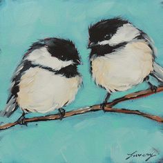 two birds are sitting on a branch painted with acrylic paint