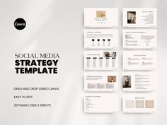 the social media strategy template is displayed on a white background with black and gray accents