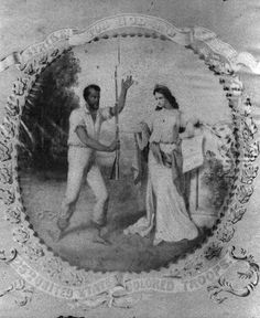 an old black and white photo of two people in front of a painting with the caption strike for god and country