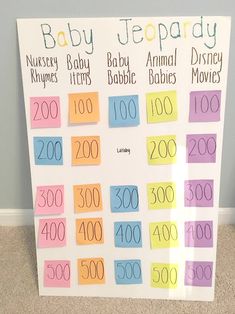 a baby shower game board with the words baby teddy written on it and numbers in different colors