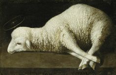 a painting of a sheep laying down on the ground
