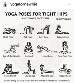 yoga poses for tight hipss and lower back pain, illustrated on a white background