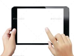 two hands holding an electronic tablet with a white screen and touching on it - stock photo - images