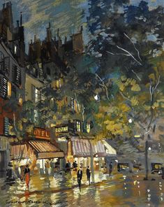 an oil painting of people walking in the rain on a city street with buildings and trees