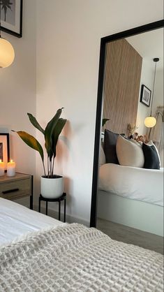 a bedroom with a bed, mirror and plant in the corner on the side table